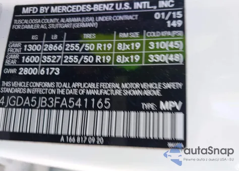 2015 Mercedes-Benz Ml 350 from USA, damaged, VIN 4JGDA5JB3FA541165